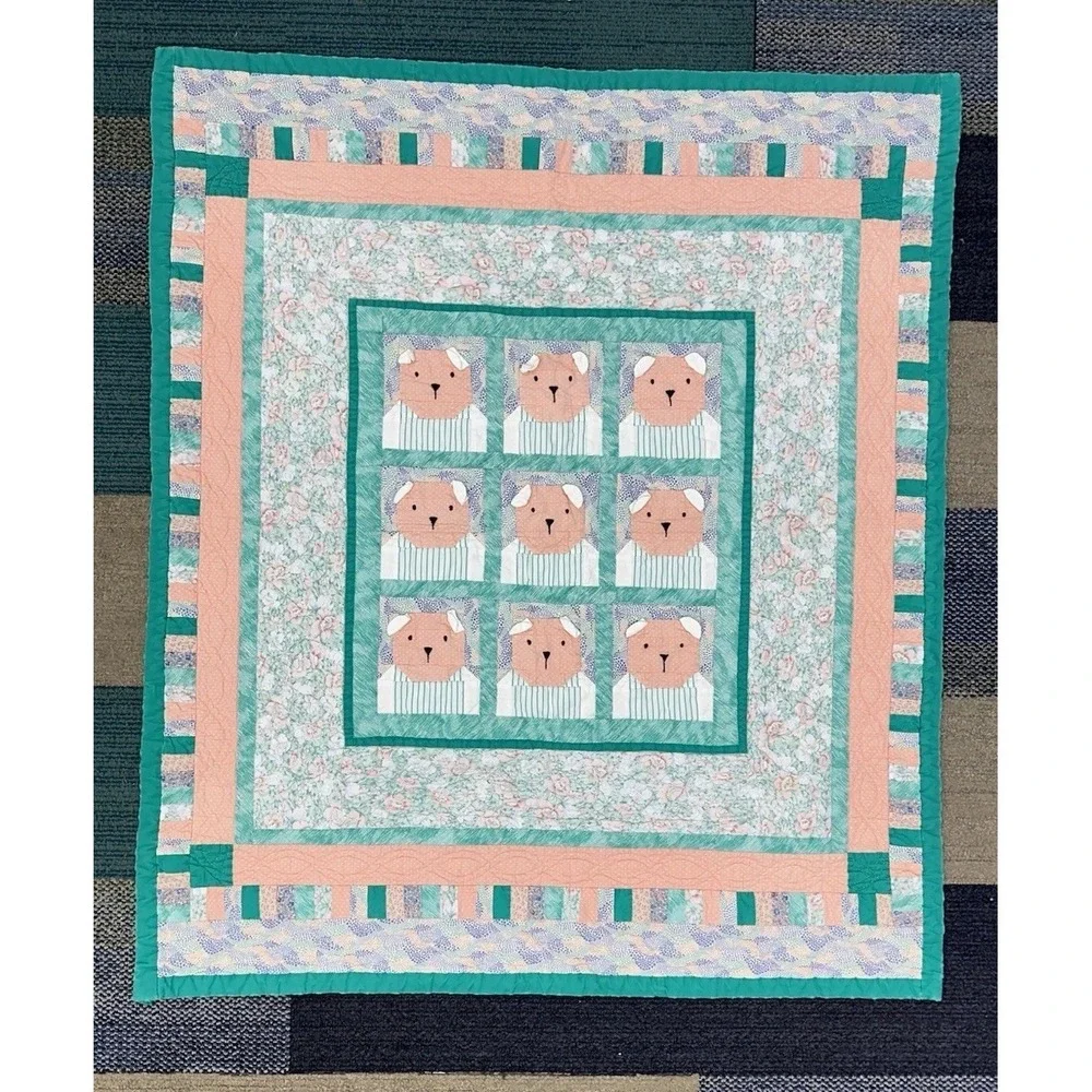 Handmade Teddy Bear Quilt‎ Pastel Floral Patchwork Baby Crib Blanket Pink Green
